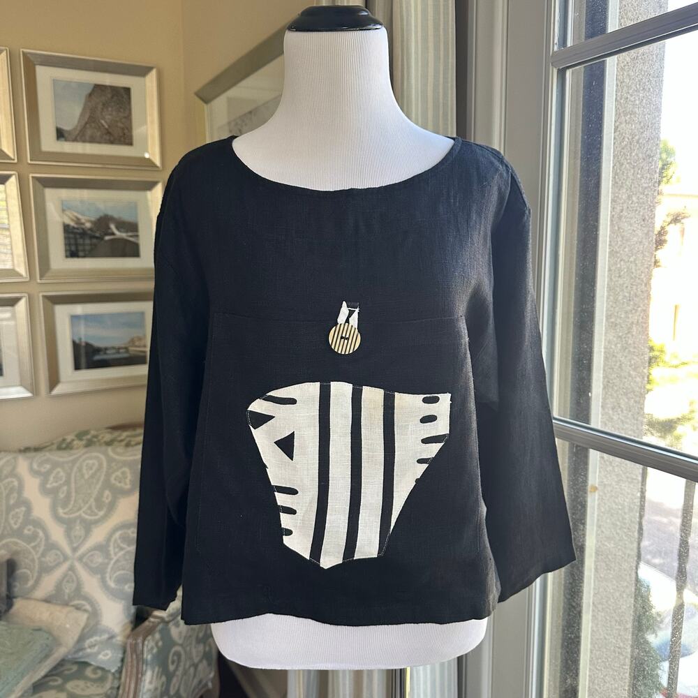 Vintage Joy Burton My Tribe 100% Linen Black Tunic Blouse Lagenlook Size S
